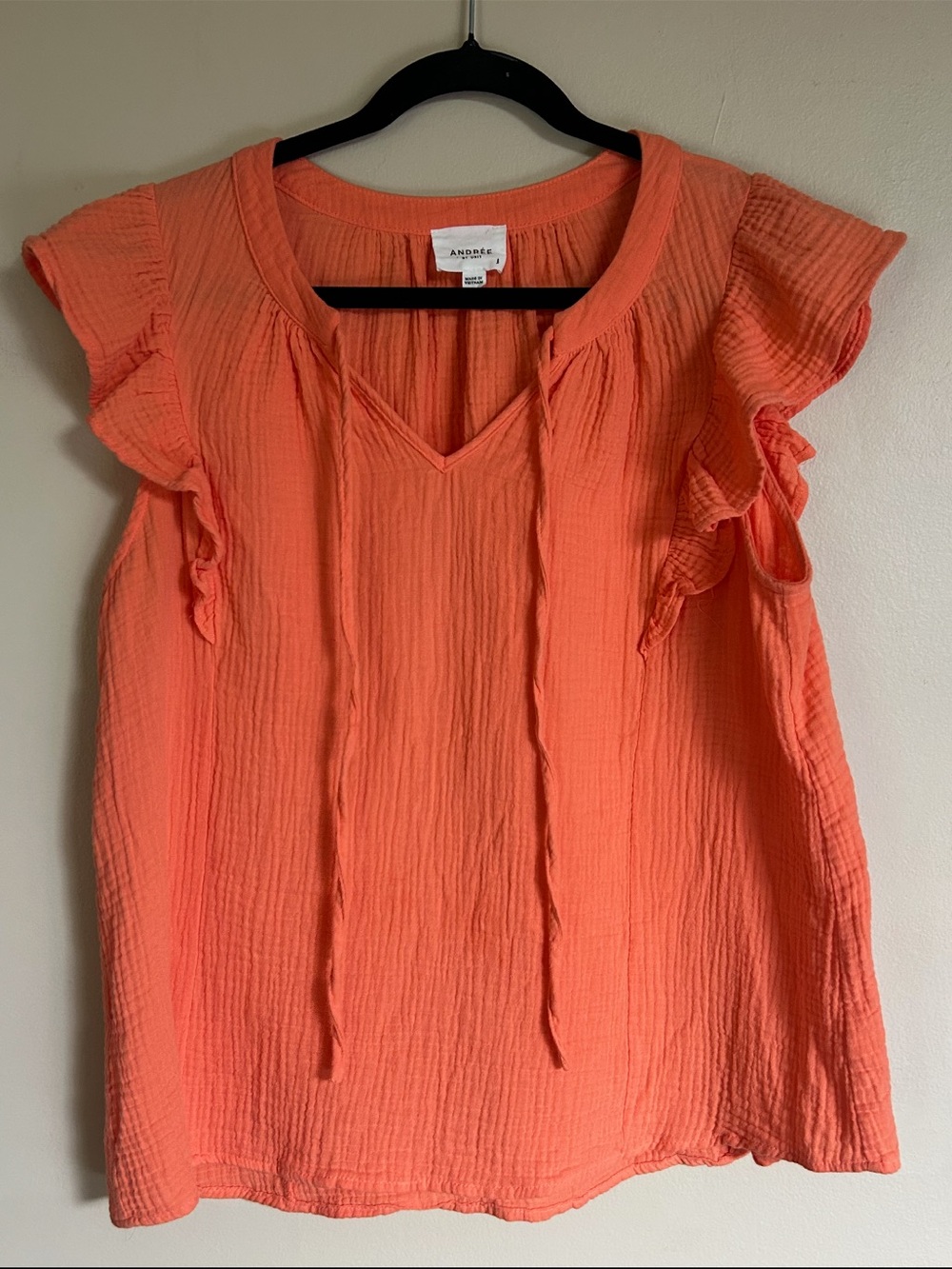 ANDREE BY UNIT Coral Tie-Neck Ruffle Sleeve Cotton Top
